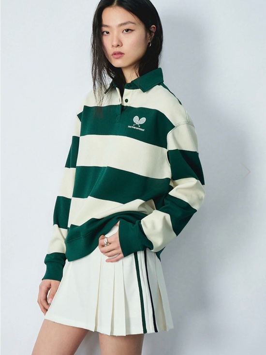 Urban Revivo Tops - Women's Green and Cream Striped Rugby Polo Sweatshirt Size XS